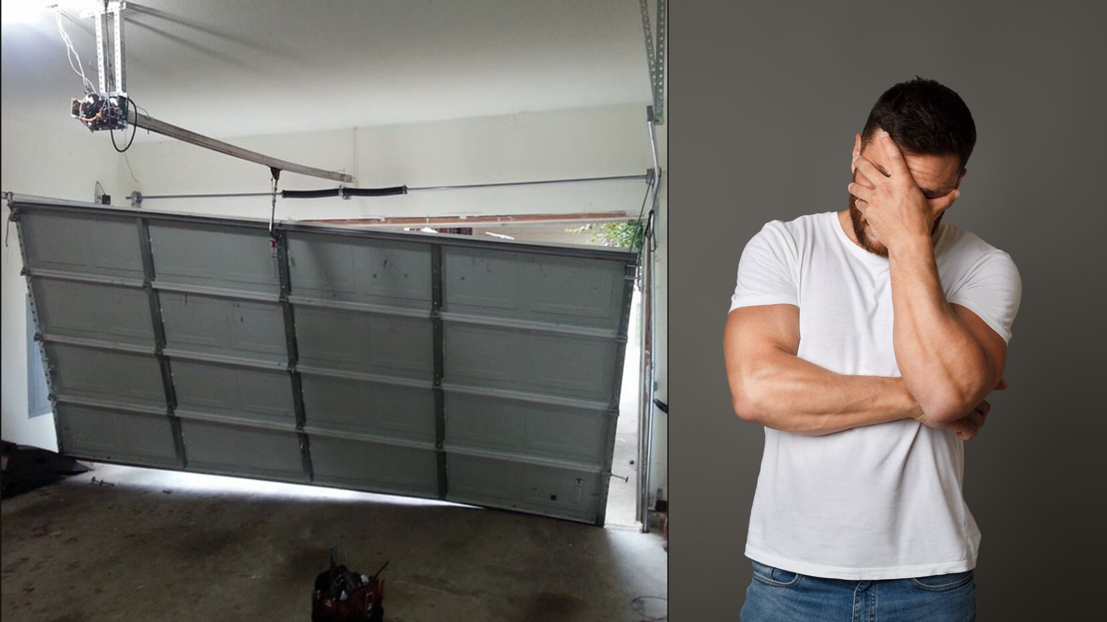 image of a garage door that's fallen off the track
